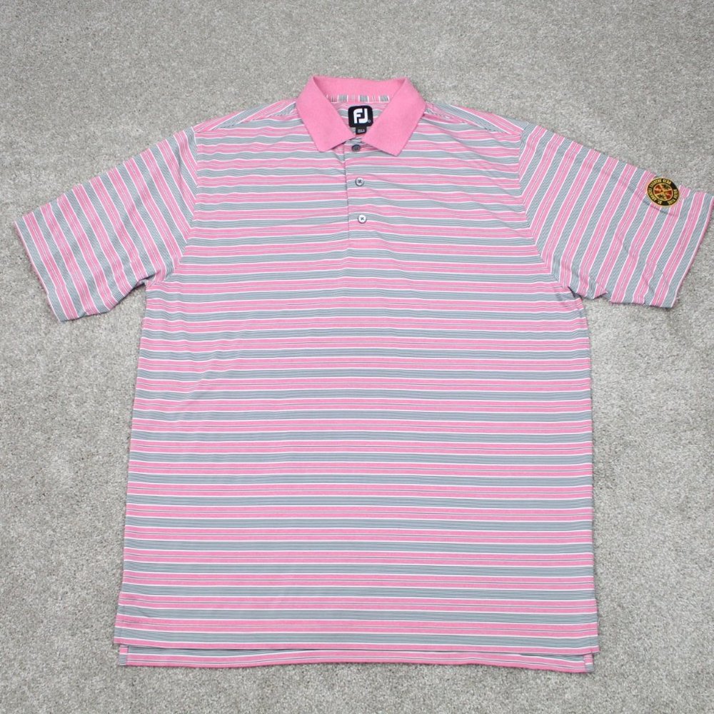 FootJoy Polo Shirt Men's Large Pink Striped FJ Short Sleeve Golf Pullover